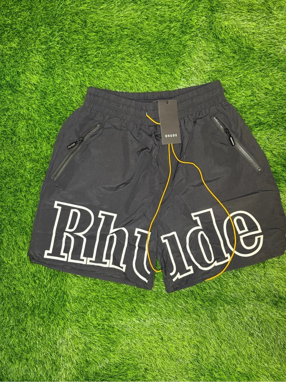 Rhude Black Logo Hybrid Shorts with Yellow Drawcord